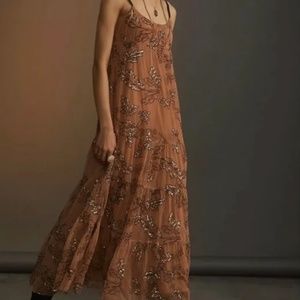 Anthropologie Maeve Sequin Tulle Dress Maxi Tiered Embroidered Mocha - Size XS